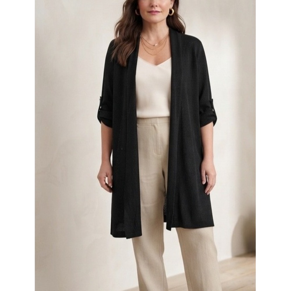 TALBOTS Sweater 100% Linen Womens Sz X Plus Black Long Cardigan 1/2 Sleeve Open